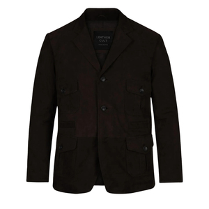 Veste safari marron en cuir pour homme, coupe ajustée, col rabattu, quatre poches, simple boutonnage - Product Image 1