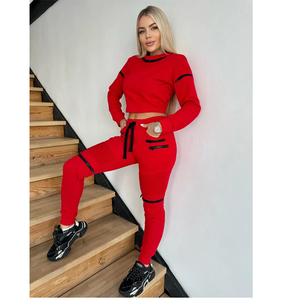 Ensemble de survêtement sportif rouge pour femmes, manches longues, col rond, tricoté en spandex et polyester, coupe ajustée avec fausses fermetures éclair, toutes saisons - Product Image 5