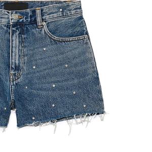 Allover Rhinestones Custom mujer Vintage Blue Denim Shorts con Rhinestones Hem Streetwear OEM - Product Image 2