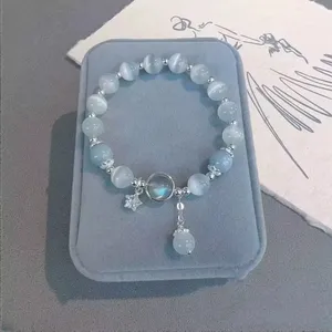 Bracciale con perline di cristallo effetto occhio di gatto e pietra di luna blu da sogno, con ciondolo, per donna, gioiello da festa, idea regalo - Product Image 1
