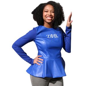 Blusa Elegante de Manga Larga Azul para Mujer, Marca Zeta Phi Beta, con Detalles en Cuero Vegano, Prenda de la Hermandad Griega, Camisa Estilosa - Product Image 6