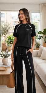<b>Women's</b> Black Short Sleeve <b>Tracksuit</b> Set With <b>White</b> Striped Crew Neck Top And Drawstring Wide Leg Pants - Product Image 5