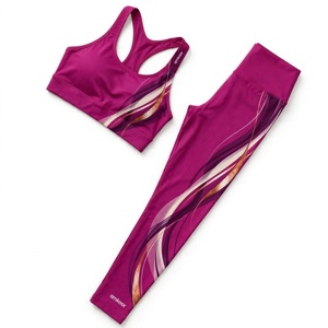 Ensemble de yoga pour femmes Amkoor, 2 pièces, soutien-gorge de sport dos nageur, leggings taille haute pleine longueur, en spandex, imprimé par sublimation, séchage rapide - Product Image 3