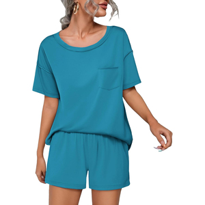 Women's Blue 2-Piece <b>Knitted</b> <b>Set</b> Short Sleeve O-Neck Top With Pocket Loose Fit Shorts Solid Color Breathable Spring Summer - Product Image 2