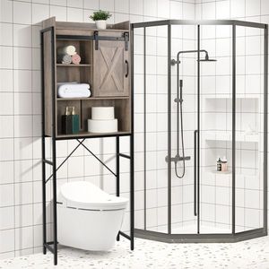 Mobile da Bagno in Stile Retrò con Ante Scorrevoli in MDF e Triamina, Struttura in Ferro e Ripiano a Tre Livelli - Product Image 1