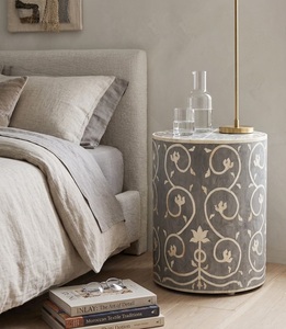Transitional Modern Mother of Pearl Inlay Wooden Nightstand <b>Round</b> <b>Bedside</b> <b>Table</b> Handmade Decorative Side <b>Table</b> for Bedroom - Product Image 2
