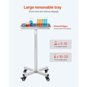 Soporte móvil Mayo de acero inoxidable con bandeja extraíble de 25,2 "-39,8" para suministros de laboratorio - Product Image 1