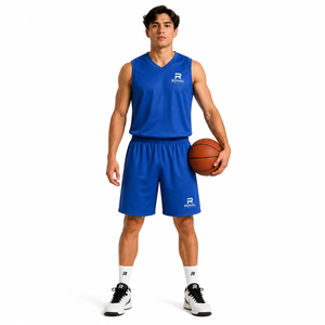Ensemble de maillot de basket-ball RONAL bleu, débardeur sans manches avec short à taille élastique, vêtements de sport respirants pour adultes, personnalisable - Product Image 3