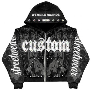 Custom Black Graphic Rhinestone Zipper Hoodie Trendy Streetwear Design Embellished Details Full <b>Zip</b> Stylish Wear For Unisex - Product Image 1