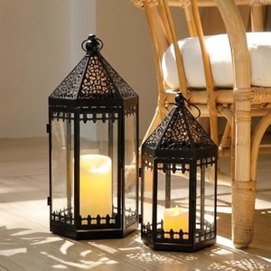 Hexagon Metal <b>Lantern</b> <b>Candle</b> Holder with Glass Panels for Home Decoration Durable Design Black Finish - Product Image 1