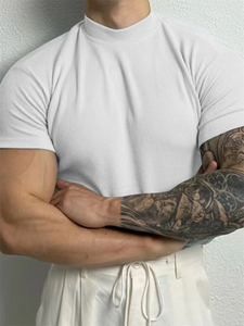 2025 Summer Men's Knitted Ribbed <b>Mock</b> <b>Neck</b> T-Shirt Oversized Muscle Short Sleeve Breathable Stretchy Formal Fitness Gym <b>Tops</b> - Product Image 3