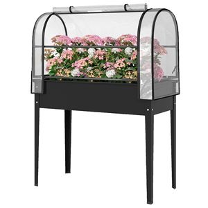 Fioriera Rialzata in Metallo Nero con Copertura a Serra Ribaltabile, Gambe e Foro di Drenaggio - Giardino Artificiale Facile da Usare - Product Image 1