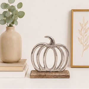 Antique Finish Aluminum Pumpkin Cutout Figurine With Natural Wooden Block Elegant Seasonal Fall Harvest <b>Decoration</b> For Mantels - Product Image 2