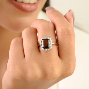 Bague de fiançailles et de déclaration en argent sterling 925 plaqué rhodium avec quartz fumé serti en griffes, pour femme - Product Image 4