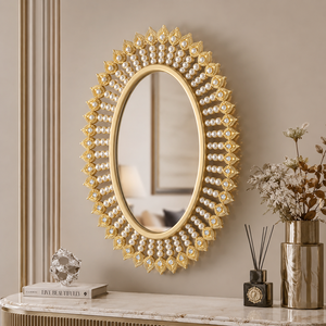 Luxury <b>Gold</b> Pearl Oval Wall <b>Mirror</b> Decorative Sunburst Frame <b>Mirror</b> for Living Room Bedroom Vanity Home Decor Accessories - Product Image 2