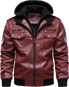 <b>Men</b> Red PU <b>Leather</b> Moto Biker <b>Jacket</b> Zipper Front Solid Color Stand Collar Regular Sleeve Autumn Style - Product Image 3