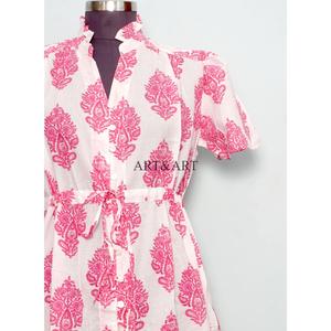 Vestido Midi de Verano de Alta Calidad Hecho a Mano con Estampado Floral Rosa, Estilo Casual, Natural, Occidental, Bohemio, Indio, de Algodón, Dulce y Elegante para Mujer - Product Image 3