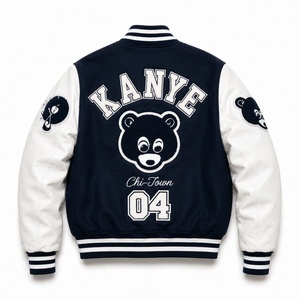 เสื้อแจ็คเก็ตวาร์ซิตี้ Kanye Bear สำหรับผู้ชาย สีกรมท่า แขนหนังสีขาว ปักลายสิงโต สำหรับฤดูหนาว เป็นมิตรกับสิ่งแวดล้อม คอตั้ง สไตล์ Preppy ด้านหน้า - Product Image 2