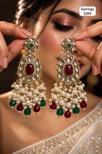 Boucles d'oreilles pendantes Kundan en imitation perle, plaquées or, motif floral, bijoux tendance pour femme, pour fêtes et mariages - Product Image 2
