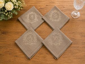 Embroidered Handmade <b>Linen</b> <b>Cloth</b> Napkin Square 50x50cms Dinner Napery Beige <b>Table</b> Decor Custom Monogram Wedding Dining - Product Image 5