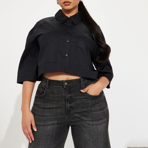Camisa Corta Negra Personalizada con Logotipo para Mujer, Blusa Informal de Popelina Sólida con Botones y Manga Tres Cuartos, Corte Regular para Todas las Temporadas - Product Image 1