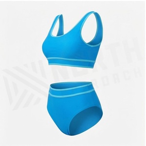 Ensemble bikini 2 pièces bleu uni pour femme avec bordure contrastée, bas taille haute et haut à col rond - Product Image 3