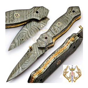 มีดพับเหล็กดามัสกัสแบบกำหนดเองน้ำหนักเบาดีไซน์ใหม่สำหรับการล่าสัตว์ตั้งแคมป์ - Product Image 1