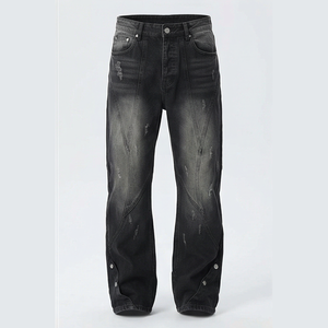 Jean en denim coupe droite délavé foncé pour homme, taille haute, coupe ample, en coton, style décontracté, pantalon d'automne - Product Image 1