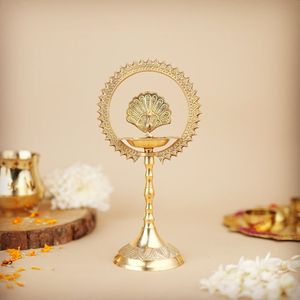 Handcrafted Brass Diya Stand Set with Ornamental Back Pattern, Multi Wick Oil <b>Lamp</b> for Puja Rituals and Traditional Decor Setup - Product Image 1