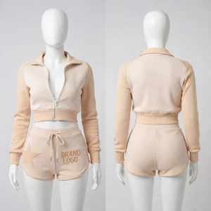 Ensemble deux pièces sur mesure pour femme : veste courte zippée et short assorti, patchwork orange - Product Image 2