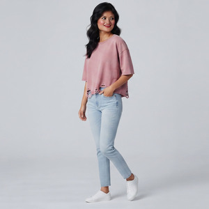 T-shirt en coton décontracté pour femme, col rond, manches courtes, coupe ample, couleur unie, effet vieilli et délavé, printemps-été - Product Image 5