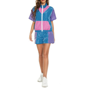 Ensemble de shorts sportifs pour femmes avec blocs de couleur, col rabattu zippé, manches courtes, tenue en satin deux pièces, vêtements de printemps et d'été - Product Image 3
