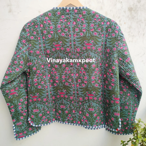 Veste matelassée réversible rose tropicale Kantha, confectionnée en tissu 100% coton doux, respirant et écologique, broderie hivernale - Product Image 2