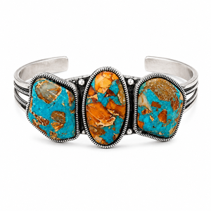 Bracelet manchette statement en turquoise western, trois pierres, style sud-ouest, cabochon ovale brut, bijoux faits main, Blue Cavallo - Product Image 5