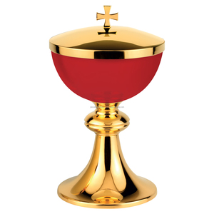Ciboire en métal avec finition polie brillante et émail blanc, plaqué or, design élégant, couvercle en forme de croix, pour mariage et église - Product Image 2