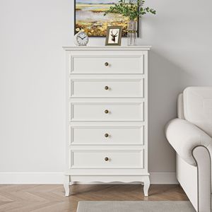 Commode moderne à 5 tiroirs pour chambre à coucher, armoire en bois massif avec finition peinte en blanc et fonctionnalités d'organisation - Product Image 1