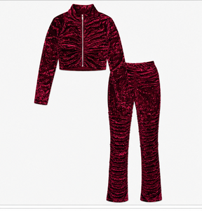 Women's Crushed Velvet <b>Crop</b> Top & Flare Pants Set Full Sleeve <b>Zip</b>-<b>Up</b> Tracksuit Casual Streetwear 2 Piece Outfit - Product Image 4