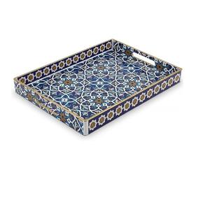 ถาดเสิร์ฟชาและกาแฟทรงสี่เหลี่ยมผืนผ้าลายดอกไม้สีฟ้าและชมพู ทำจากไม้เนื้อแข็ง พร้อมหูจับ ถาดกาแฟสวยงามสำหรับรับประทานอาหาร - Product Image 5