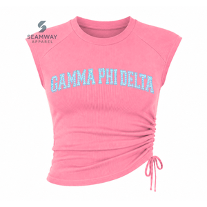 Gamma Phi Delta Sorority Women's Bling Rhinestone Ribbed Tank <b>Top</b> Ruched Side Crew Neck <b>Raglan</b> Cap Sleeve Casual Crop <b>Top</b> - Product Image 1