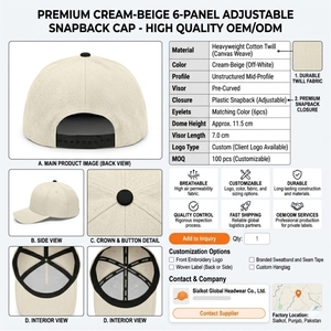 หมวกแก๊ปแบบ Snapback 6 แผง รุ่น Custom Blank สีครีมเบจ ผ้าคอตตอนทวิลล์ คุณภาพพรีเมียม สไตล์สตรีทแวร์ รับผลิตแบบ OEM ขายส่ง - Product Image 6