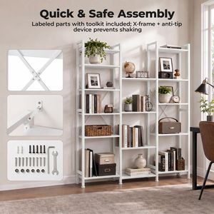 Three Column Four Layer Bookshelf Wide Modern Bookcase with 11 <b>Adjustable</b> Open <b>Shelves</b> Metal Frame - Product Image 5