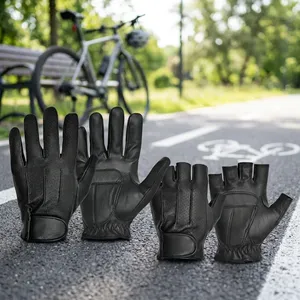 Gants de conduite unisexes en cuir noir à demi-doigts, respirants, perforés, avec sangle de poignet réglable, utilisables toute l'année - Product Image 4