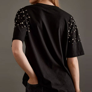 T-shirt décontracté pour femme en coton tricoté écologique, noir, à manches courtes bouffantes, motif écossais, col rond, coupe classique, orné de strass - Product Image 3