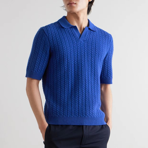 Men's <b>Blue</b> Cable Knit <b>Polo</b> <b>Shirt</b> Short Sleeve Textured Collared Top Casual Solid Knitted Tee - Product Image 1