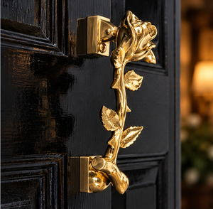 Poignée de porte dorée motif rose botanique avec détails sculptés de bourgeons et feuilles, quincaillerie ornementale dorée pour intérieur classique - Product Image 4