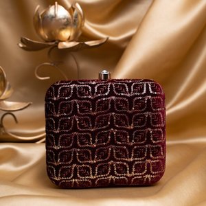 Maroon Based Golden <b>Sequins</b> Embroidery Clutch Bag Elegant Designer Evening Purse for Women Events - Product Image 1