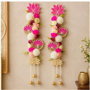 Bohemian <b>Flower</b> <b>Wall</b> Hanging With Pink Felt Petals And Beaded Tassels Indoor Decor Entryway Art - Product Image 1