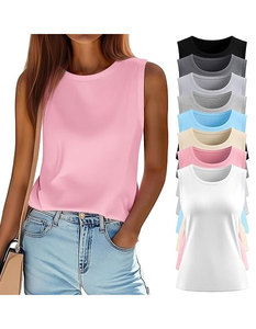 Camiseta sin mangas con cuello redondo para mujer, informal, de punto, de algodón, transpirable, de longitud regular, básica - Product Image 1