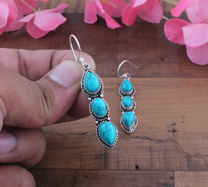 Boucles d'oreilles pendantes en turquoise à trois pierres, en argent sterling 925, forme goutte d'eau, luxe, unisexe, cadeau pour femme, mariage, fête - Product Image 1