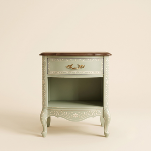 Vintage Bone Inlay Solid Wood Nightstand 1 Drawers Open <b>Shelf</b> <b>Bedside</b> Cabinet Turned Legs Farmhouse Durable -Multi Purpose Table - Product Image 1